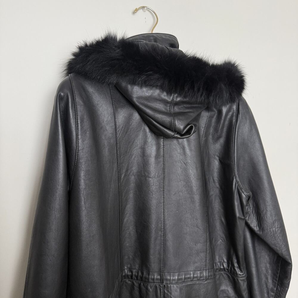 Worthington Womens Genuine Leather Coat Large Black Hooded Faux Fur Trim Luxury - Picture 10 of 16